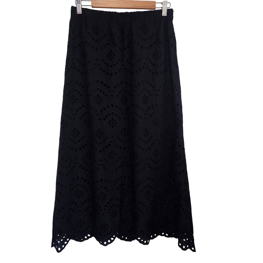 Joie Black Eyelet Cotton Midi Skirt Scalloped‎ Hem Size Medium Elastic Waist